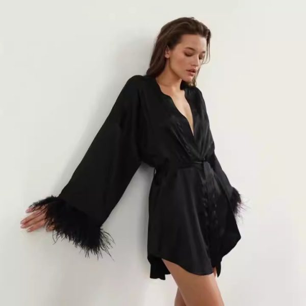 Nightgown Ostrich Feather Long Sleeve Pajamas Cardigan European and American Simulation Silk Black Bathrobe Women's Home Clothes - Image 9