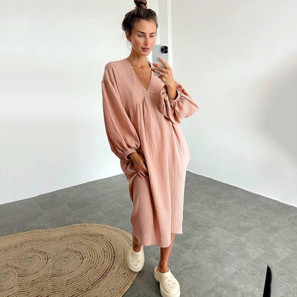 Long sleeved pajamas long skirts pajamas women's V-neck double layered crepe - Image 16