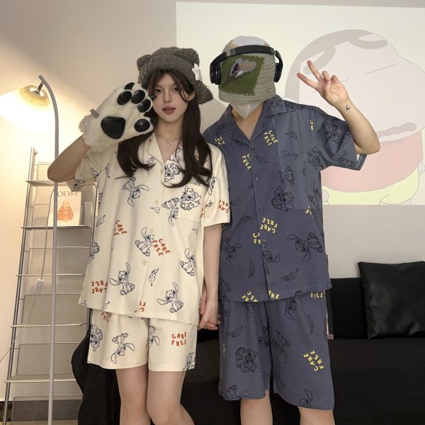 Summer couple pajamas short sleeved shorts men's and women's cardigan suit - Image 5