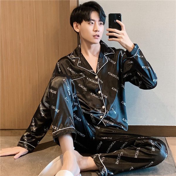 Ice silk long sleeved pajamas for men and men simulated silk plus size home suit set - Image 20