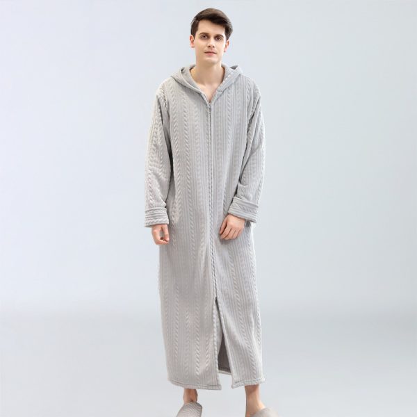 Men's Plus Fat Plus Home Clothes Winter Flannel Pajamas Plus Velvet Zipper With Hooded Bathrobe Nightgown - Image 6