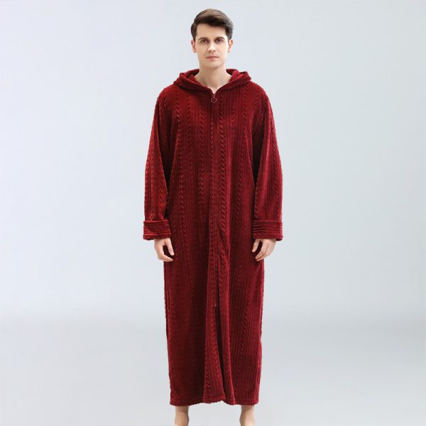 Men's Plus Fat Plus Home Clothes Winter Flannel Pajamas Plus Velvet Zipper With Hooded Bathrobe Nightgown - Image 3