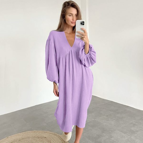 Long sleeved pajamas long skirts pajamas women's V-neck double layered crepe - Image 7