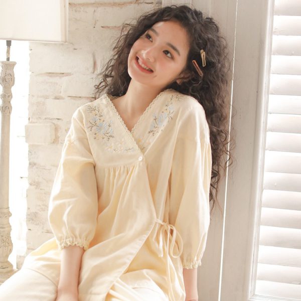 Pajamas for women summer three quarter sleeve trousers set women home wear pajamas pure gauze set - Image 5