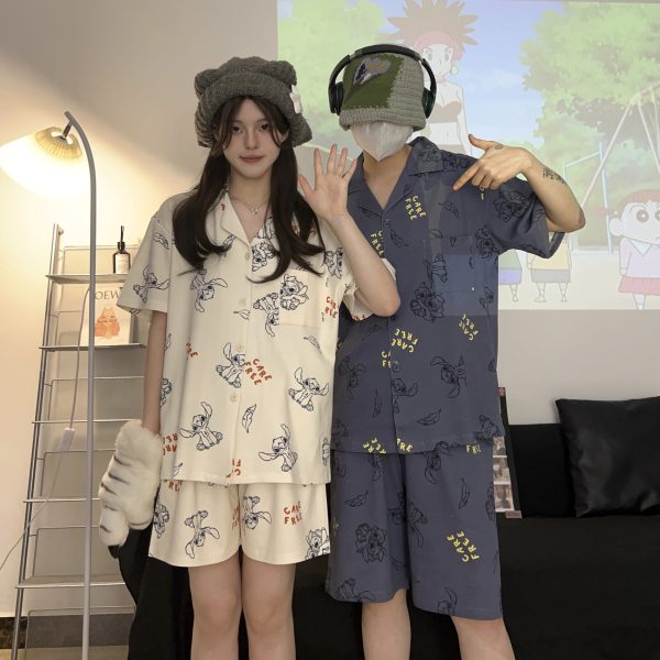 Summer couple pajamas short sleeved shorts men's and women's cardigan suit - Image 2