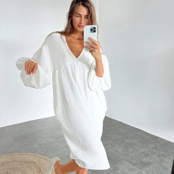 Long sleeved pajamas long skirts pajamas women's V-neck double layered crepe - Image 12