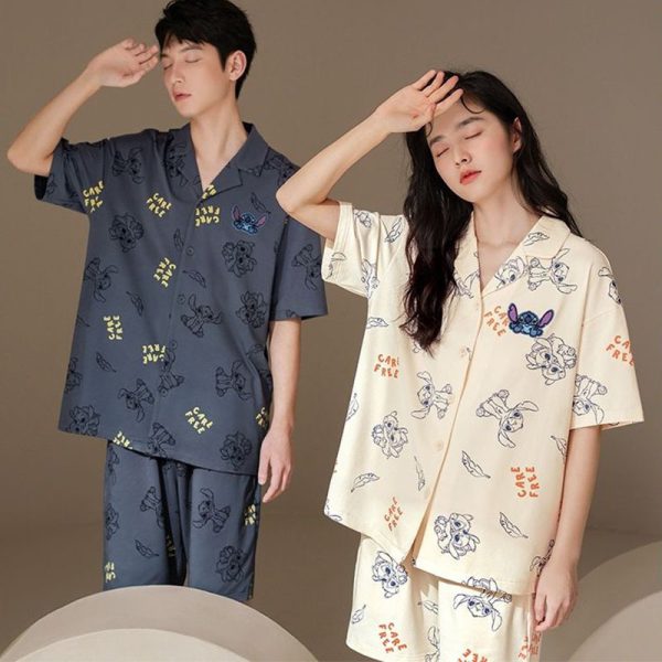 Summer couple pajamas short sleeved shorts men's and women's cardigan suit - Image 3