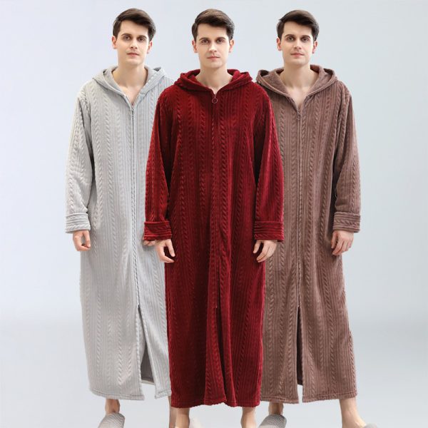 Men's Plus Fat Plus Home Clothes Winter Flannel Pajamas Plus Velvet Zipper With Hooded Bathrobe Nightgown - Image 5