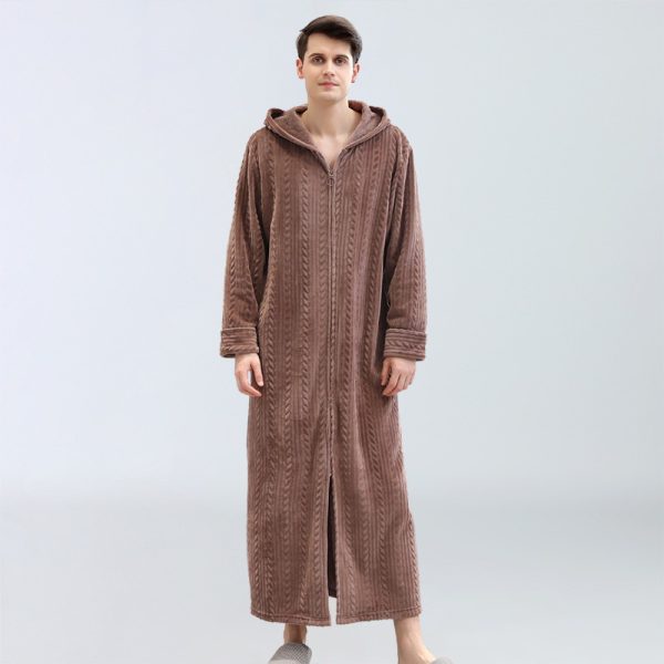 Men's Plus Fat Plus Home Clothes Winter Flannel Pajamas Plus Velvet Zipper With Hooded Bathrobe Nightgown - Image 8