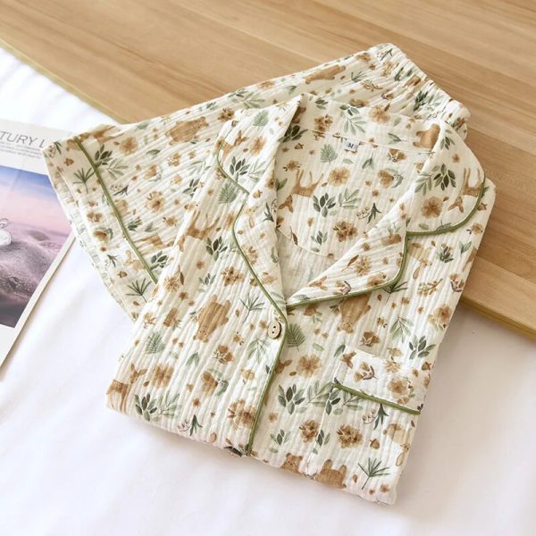 Summer Women Pajamas 2-Piece Set 100% Cotton Gauze Short-Sleeved Floral Print Pajamas Homewear Ladies Pajamas Women Sleepwear - Image 2