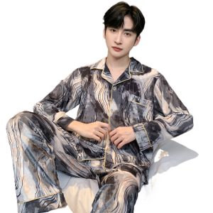 Ice silk long sleeved pajamas for men and men simulated silk plus size home suit set