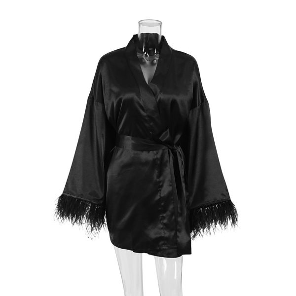 Nightgown Ostrich Feather Long Sleeve Pajamas Cardigan European and American Simulation Silk Black Bathrobe Women's Home Clothes - Image 5