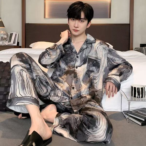 Ice silk long sleeved pajamas for men and men simulated silk plus size home suit set - Image 5