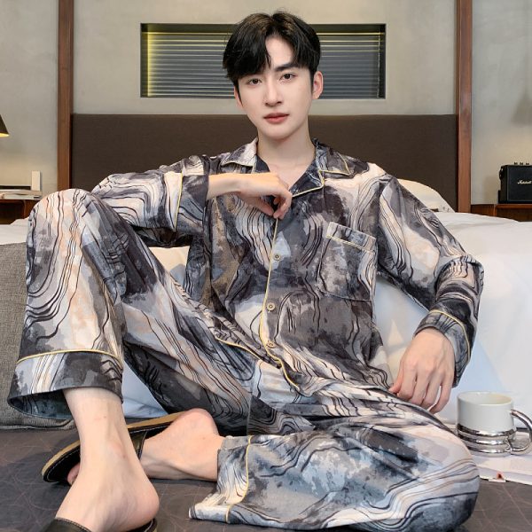 Ice silk long sleeved pajamas for men and men simulated silk plus size home suit set - Image 2