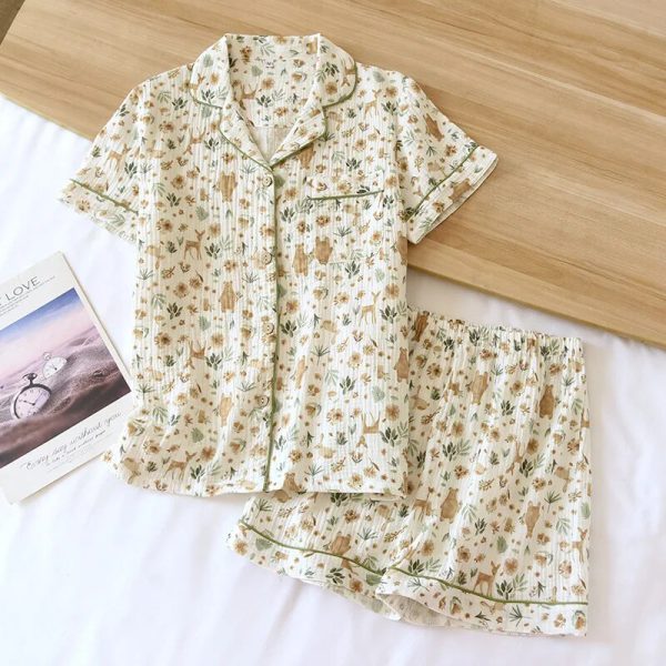 Summer Women Pajamas 2-Piece Set 100% Cotton Gauze Short-Sleeved Floral Print Pajamas Homewear Ladies Pajamas Women Sleepwear - Image 5