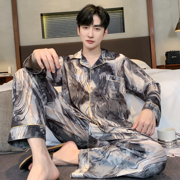 Ice silk long sleeved pajamas for men and men simulated silk plus size home suit set - Image 11