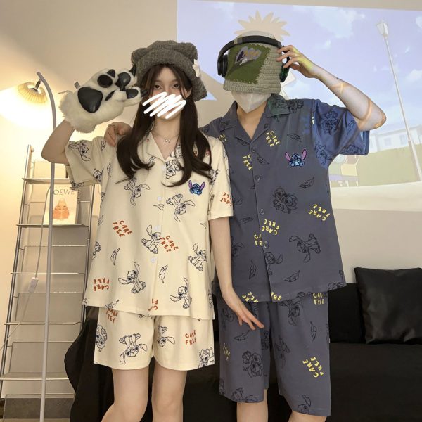 Summer couple pajamas short sleeved shorts men's and women's cardigan suit - Image 4