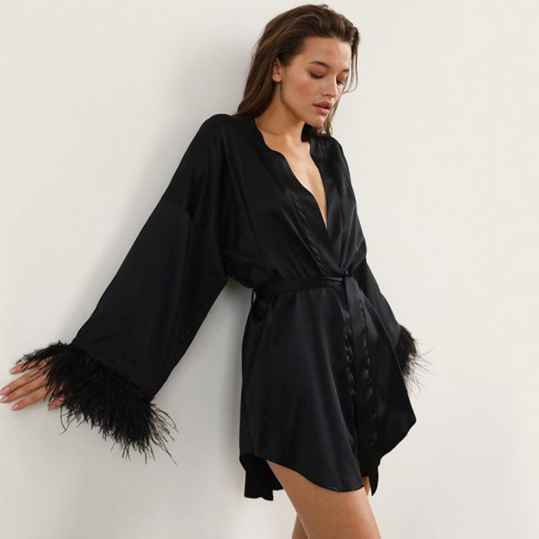 Nightgown Ostrich Feather Long Sleeve Pajamas Cardigan European and American Simulation Silk Black Bathrobe Women's Home Clothes - Image 8