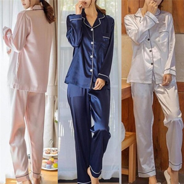 2 Piece Set Loungewear Womens Silk Satin Pajamas Pyjamas Set Long Sleeve Sleepwear Pijama Pajamas Suit Female Sleep - Image 4