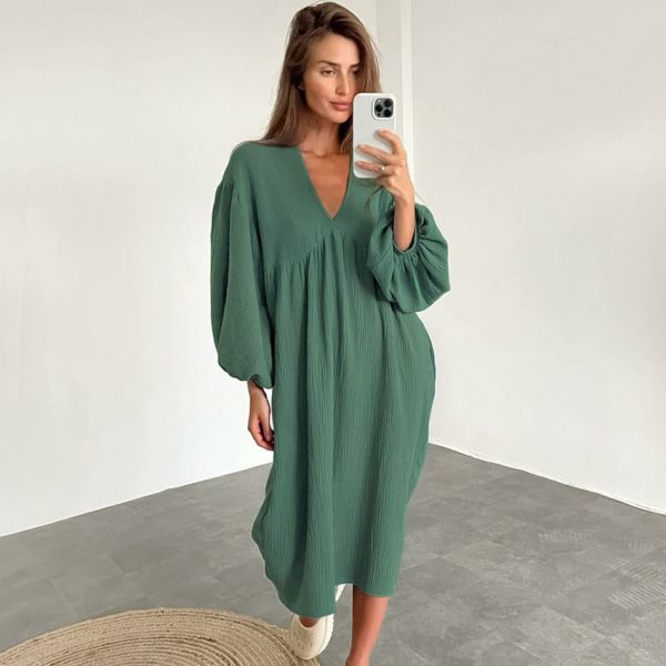 Long sleeved pajamas long skirts pajamas women's V-neck double layered crepe - Image 10