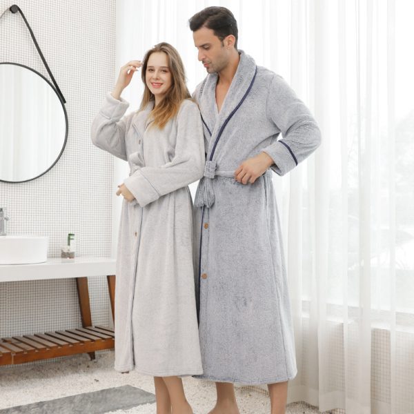 Pajamas for women in winter, thickened and elongated couple button waistband, loose oversized nightgown, men's bathrobe for spring and autumn - Image 3