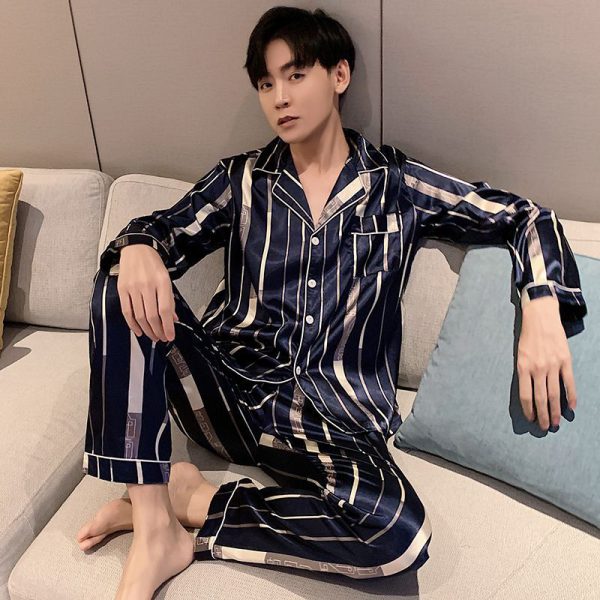 Ice silk long sleeved pajamas for men and men simulated silk plus size home suit set - Image 17