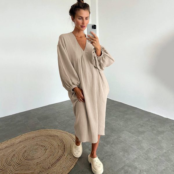 Long sleeved pajamas long skirts pajamas women's V-neck double layered crepe - Image 6