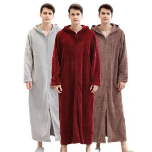 Men's Plus Fat Plus Home Clothes Winter Flannel Pajamas Plus Velvet Zipper With Hooded Bathrobe Nightgown