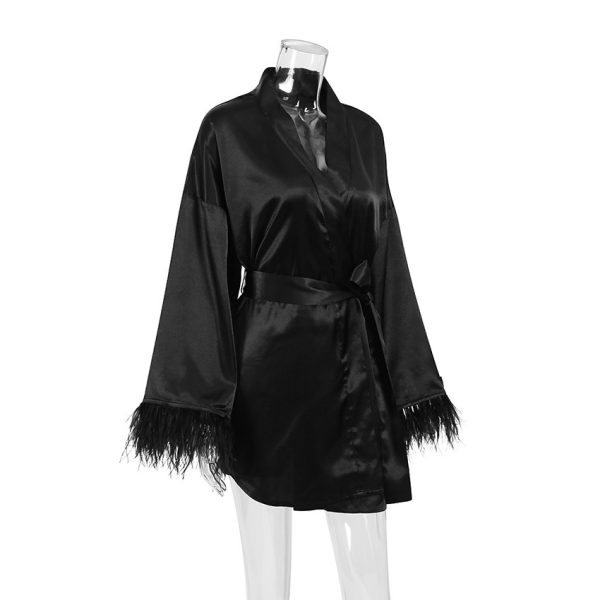 Nightgown Ostrich Feather Long Sleeve Pajamas Cardigan European and American Simulation Silk Black Bathrobe Women's Home Clothes - Image 3