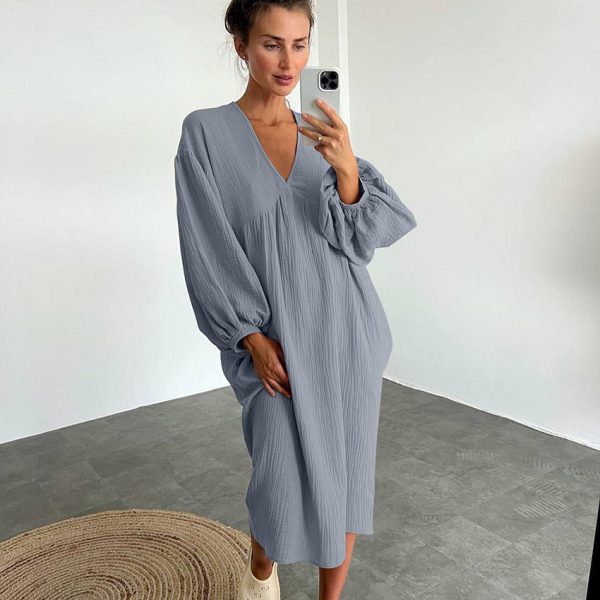 Long sleeved pajamas long skirts pajamas women's V-neck double layered crepe - Image 9