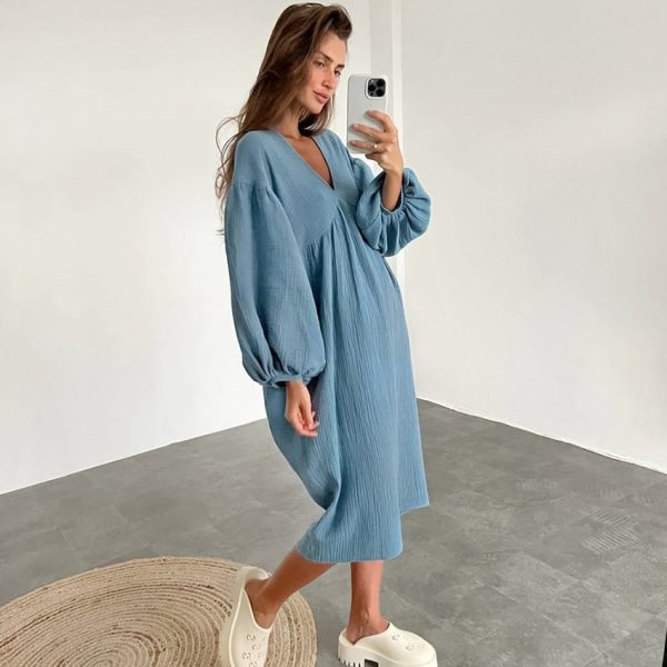 Long sleeved pajamas long skirts pajamas women's V-neck double layered crepe - Image 11