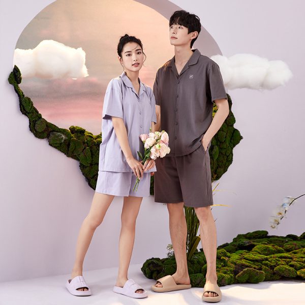 New couple pajama set pure cotton pajamas summer minimalist cardigan short sleeved shorts men and women - Image 5