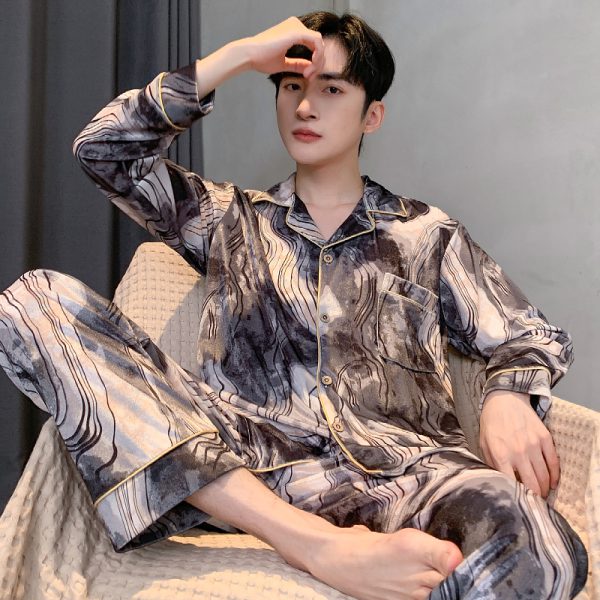 Ice silk long sleeved pajamas for men and men simulated silk plus size home suit set - Image 4