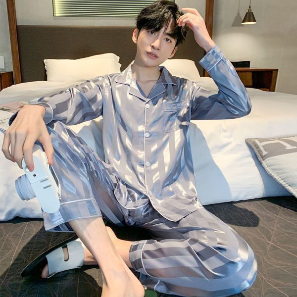 Ice silk long sleeved pajamas for men and men simulated silk plus size home suit set - Image 13