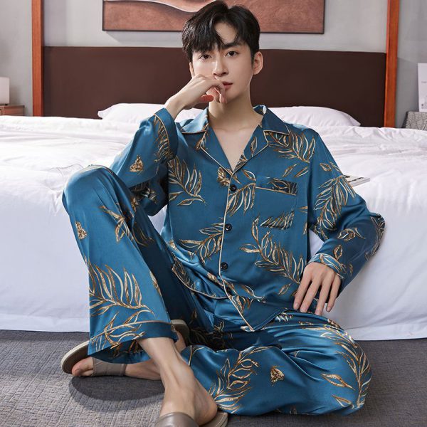 Ice silk long sleeved pajamas for men and men simulated silk plus size home suit set - Image 10