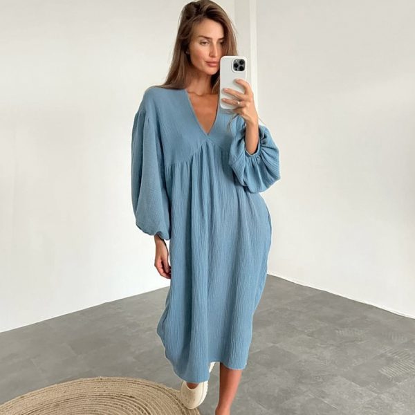 Long sleeved pajamas long skirts pajamas women's V-neck double layered crepe - Image 15